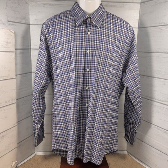 Peter Millar Men's Large Button Down Shirt Long Sleeve Checkered Cotton Purple - Picture 2 of 8